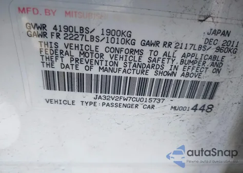 2012 Mitsubishi Lancer Se из США, поврежденный, VIN JA32V2FW7CU015737